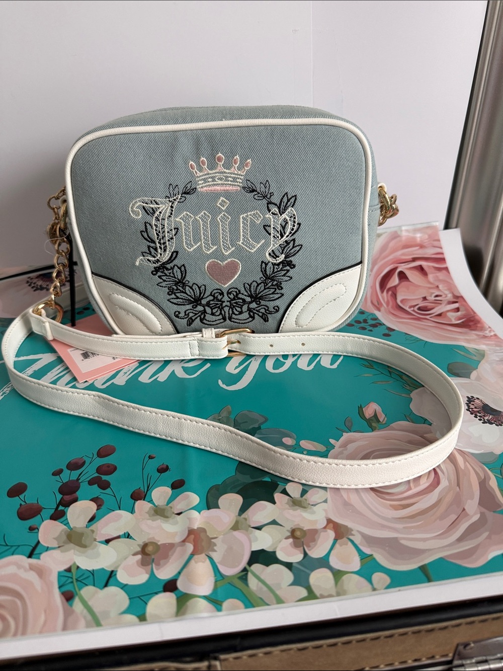 Juicy Couture Light Gray and White Embroidered Crossbody Bag